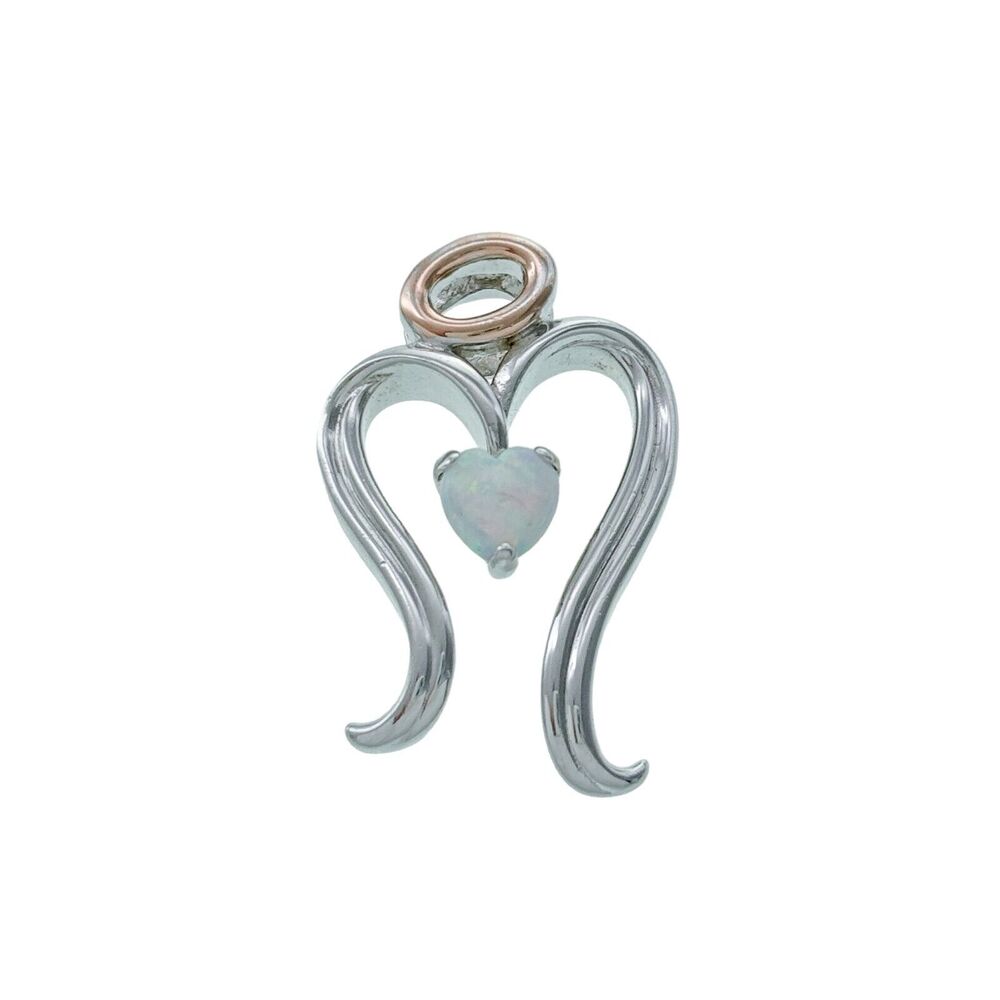 Vintage Sterling Silver 925 Opal Heart Gold Tone Halo Angel Pendant